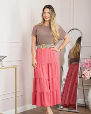Fusta corai boho chic cu volane si curea in talie