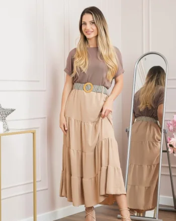 Fusta bej boho chic cu volane si curea in talie