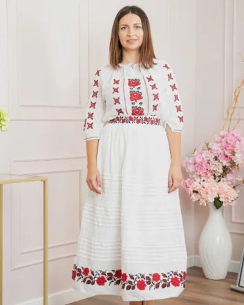 Fusta traditionala alba cu broderie florala rosie Clara 02