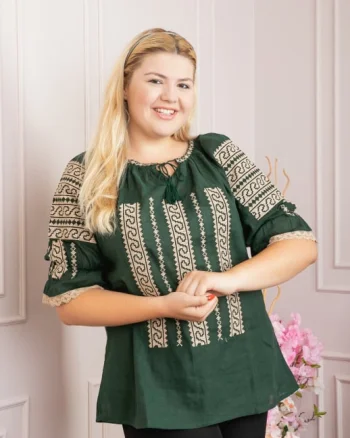 Bluza verde cu motiv geometric crem Anca - maneca scurta