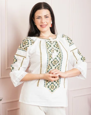 Ie traditionala alba cu motiv floral crem Martina 02