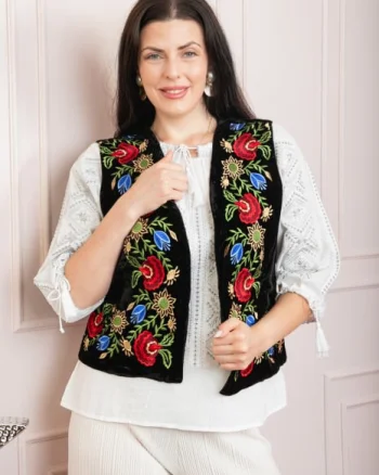 Vesta traditionala neagra cu broderie florala multicolora Ilinca
