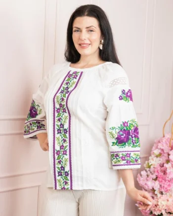 Bluza alba cu motiv floral mov Francesca 07