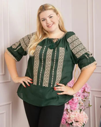 Bluza verde cu motiv geometric crem Anca - maneca scurta