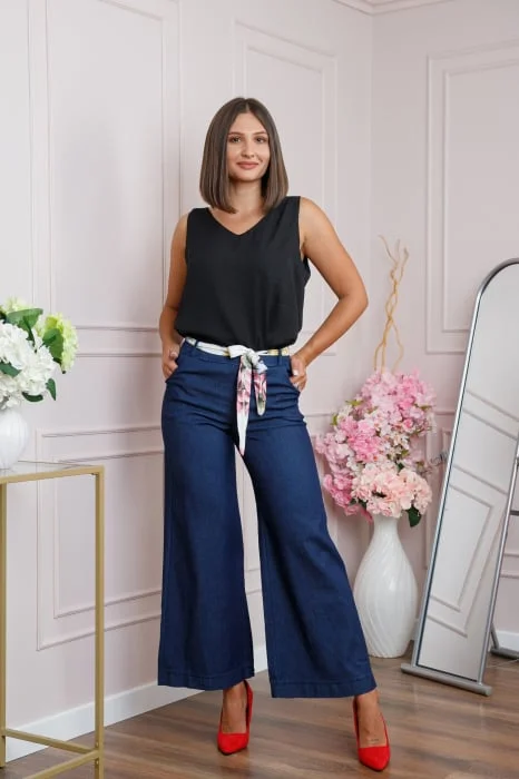 Pantaloni evazati din denim cu cordon floral