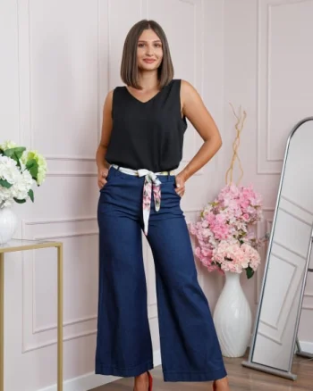Pantaloni evazati din denim cu cordon floral