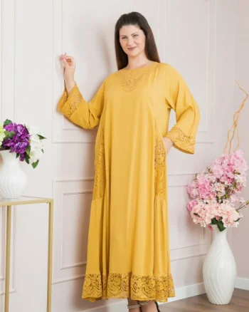 Rochie galbena boho chic cu aplicatii florale din dantela
