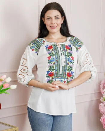 Bluza alba cu motiv floral multicolor Simona 01 - maneca scurta