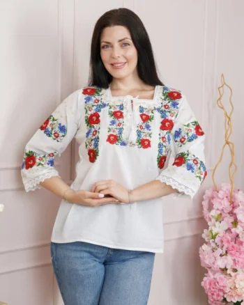 Bluza alba cu motiv floral rosu Adina 01 - maneca scurta