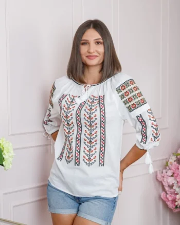 Ie traditionala alba cu motiv floral rosu Agnes