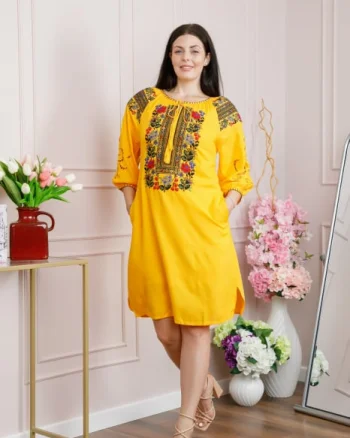 Rochie traditionala galbena cu motiv floral multicolor Simona 02