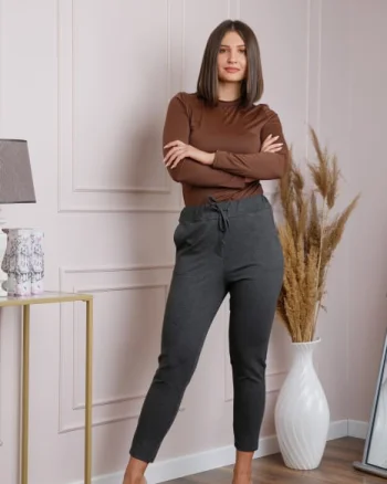 Pantaloni confort casual gri cu snur in talie