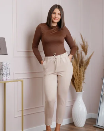 Pantaloni confort casual crem cu snur in talie