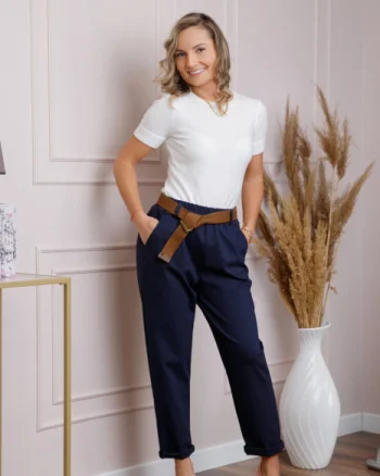 Pantaloni bleumarin lejeri cu talie elastica si curea ajustabila