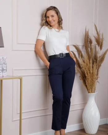 Pantaloni slim bleumarin cu talie inalta si curea lata
