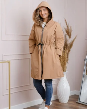Pardesiu casual camel cu talie ajustabila si gluga