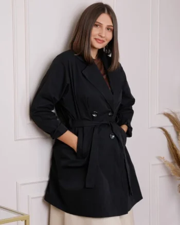 Pardesiu elegant negru cu cordon si nasturi