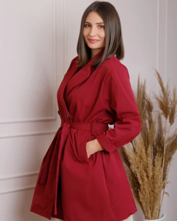 Pardesiu elegant grena cu cordon si nasturi