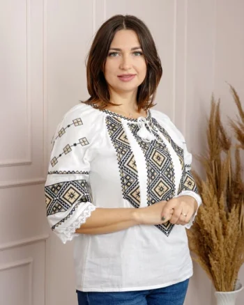 Ie traditionala alba cu motiv geometric crem Ramona 02