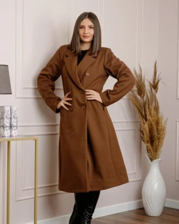 Palton lung dama elegant cu nasturi decorativi - Maro