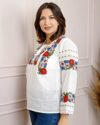 Bluza alba cu motiv floral rosu Adina 03