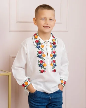 Camasa traditionala de baieti alba cu motiv floral tricolor Gabriel