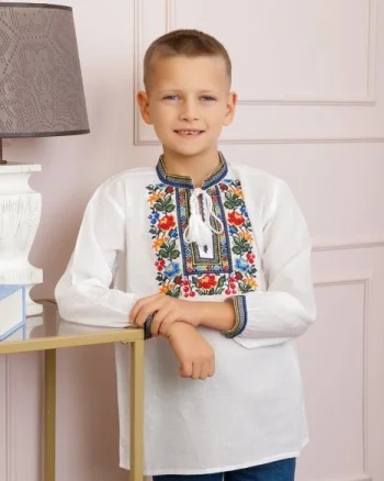 Camasa traditionala de baieti alba cu motiv floral multicolor Mihai