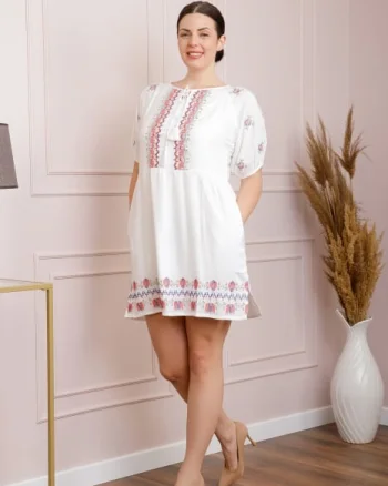 Rochie traditionala alba cu motiv geometric multicolor Aniela
