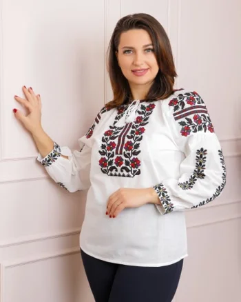 Ie traditionala alba cu motiv floral multicolor Mateea - maneca lunga