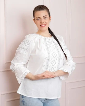 Ie traditionala alba cu motiv geometric argintiu Constanta 03 - maneca lunga