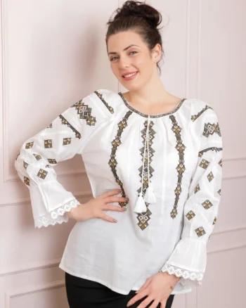 Ie traditionala alba cu motiv geometric maro Luana