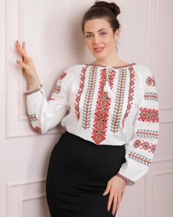 Ie traditionala alba cu motiv geometric rosu Monica