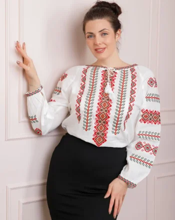 Ie traditionala alba cu motiv geometric rosu Monica