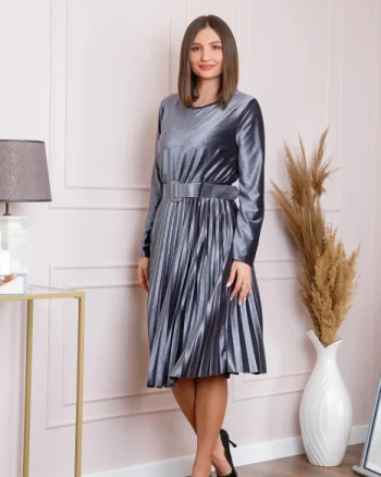 Rochie Selena eleganta din catifea gri cu centura in talie