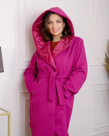 Palton dama elegant fuchsia cu gluga captusita