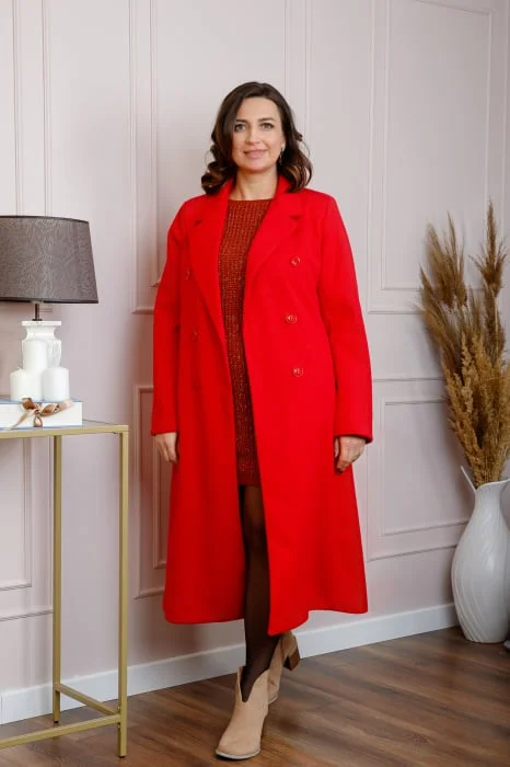 Palton lung dama elegant cu nasturi decorativi - Rosu