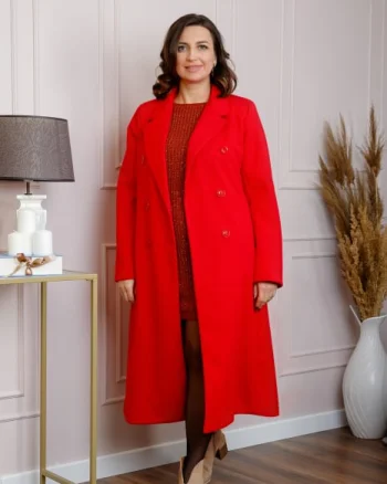 Palton lung dama elegant cu nasturi decorativi - Rosu