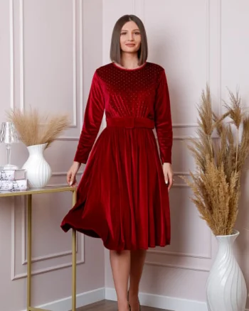 Rochie eleganta Kate din catifea grena cu strasuri si centura in talie