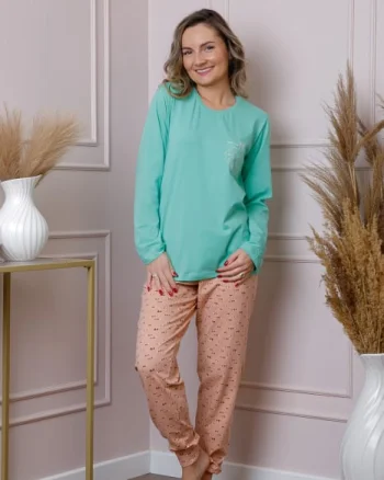 Pijama dama Maya cu bluza turcoaz si pantaloni cu imprimeu