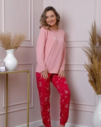 Pijama dama Maya cu bluza roz si pantaloni cu imprimeu