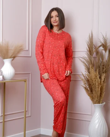 Pijama dama Lisa plus size din bumbac corai cu imprimeu floral