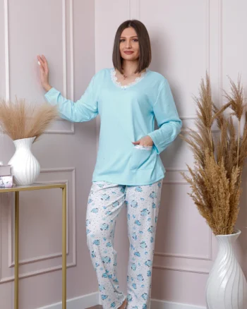 Pijama dama Mandy plus size cu bluza bleu si pantaloni cu imprimeu