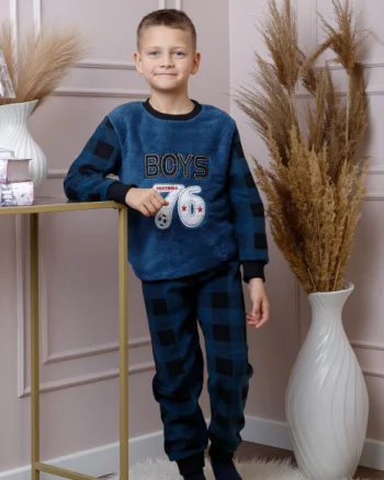 Pijama baieti Teddy din fleece bleumarin cu model fotbal