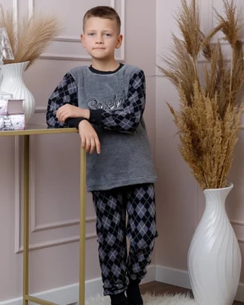 Pijama baieti Teddy din fleece gri cu model baseball