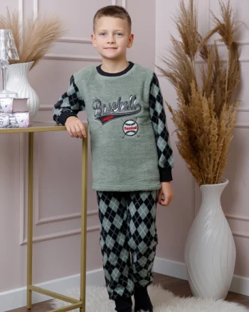 Pijama baieti Teddy din fleece verde cu model baseball