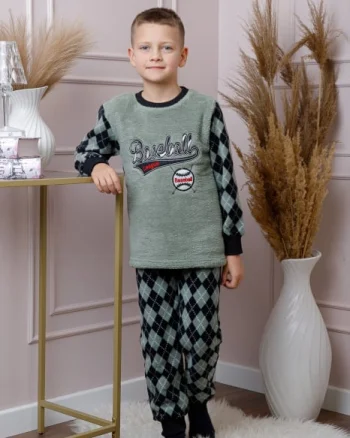 Pijama baieti Teddy din fleece verde cu model baseball