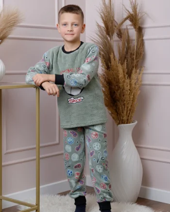 Pijama baieti Teddy din fleece verde cu model fotbal