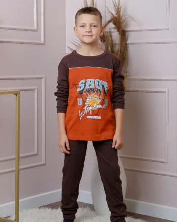 Pijama baieti Oliver din bumbac orange cu imprimeu baschet