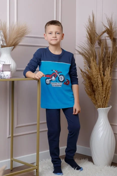Pijama baieti Oliver din bumbac albastru cu imprimeu motocicleta