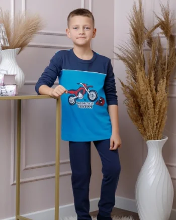 Pijama baieti Oliver din bumbac albastru cu imprimeu motocicleta